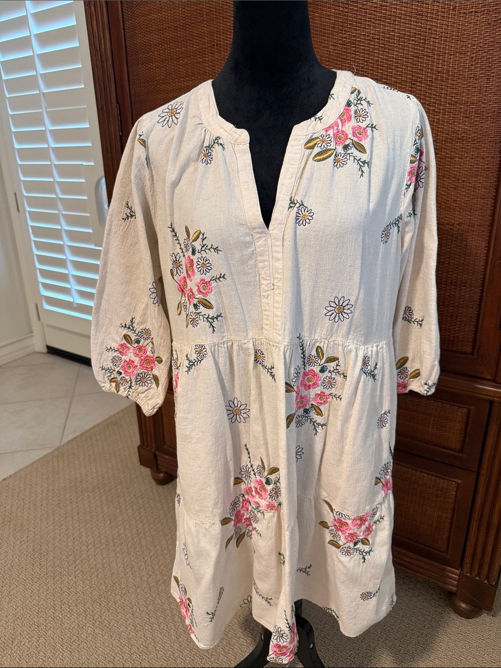 dylan Cream Midi Dress with Pink Floral Embroidery and Green Leaves